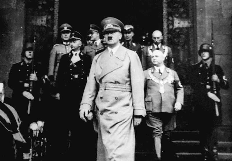 Adolf Hitler leaves Frankfurt's town hall with mayor Krebs